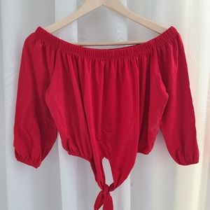 Off Shoulder Tie Front Crop Top